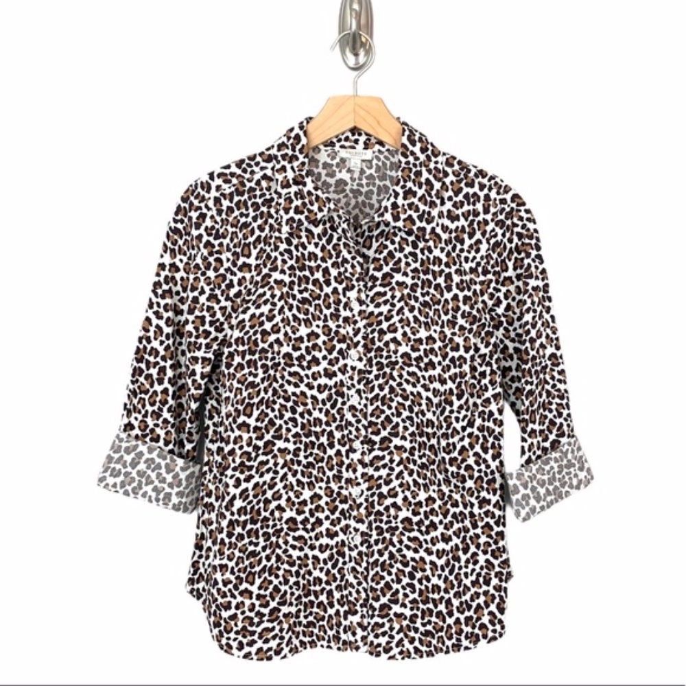Talbots Cotton Blend Leopard Print Long Sleeve Button Down Top, Size 6P